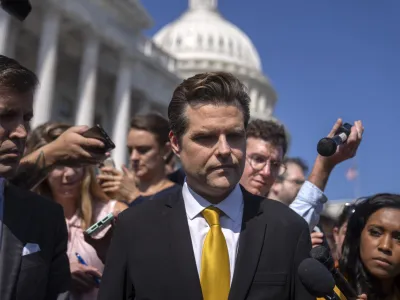 Rep. Matt Gaetz, R-Fla., one of House Speaker Kevin McCarthy's harshest critics, speaks to reporters on the steps of the Capitol in Washington, Monday, Oct. 2, 2023. Gaetz has said he plans to use a procedural tool called a motion to vacate to try and strip McCarthy of his office as soon as this week. (AP Photo/Mark Schiefelbein)