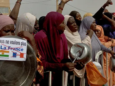 NIAMEY, NIGER - AUGUST 30: Women supporters of military administration in Niger demonstrate at a French military air base demanding French soldiers to leave the country in Niamey, Niger on August 30, 2023. Balima Boureima / Anadolu AgencyNo Use USA No use UK No use Canada No use France No use Japan No use Italy No use Australia No use Spain No use Belgium No use Korea No use South Africa No use Hong Kong No use New Zealand No use Turkey