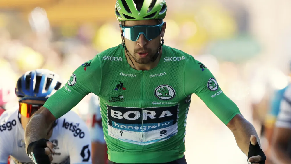 ﻿Slovakia's Peter Sagan wearing the best sprinter's green jersey celebrates as he crosses the finish line to win the fifth stage of the Tour de France cycling race over 175.5 kilometers (109 miles) with start in Saint-Die-Des-Vosges and finish in Colmar, Wednesday, July 10, 2019. (AP Photo/Christophe Ena)