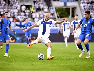 Soccer Football - UEFA Euro 2024 Qualifier - Group H - Finland v Slovenia - Helsinki Olympic Stadium, Helsinki, Finland - June 16, 2023 Teemu Pukki of Finland in action Heikki Saukkomaa/Lehtikuva via REUTERS??ATTENTION EDITORS - THIS IMAGE WAS PROVIDED BY A THIRD PARTY. NO THIRD PARTY SALES. NOT FOR USE BY REUTERS THIRD PARTY DISTRIBUTORS. FINLAND OUT. NO COMMERCIAL OR EDITORIAL SALES IN FINLAND.