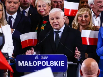 Jaroslaw Kaczynski, the leader of Law and Justice (PiS) ruling party, gives a speech during a final convention of elections campaign in Krakow, Poland on October 11, 2023. This year's parliamentary elections will be held in Poland on October 15th. (Photo by Beata Zawrzel/NurPhoto)NO USE FRANCE