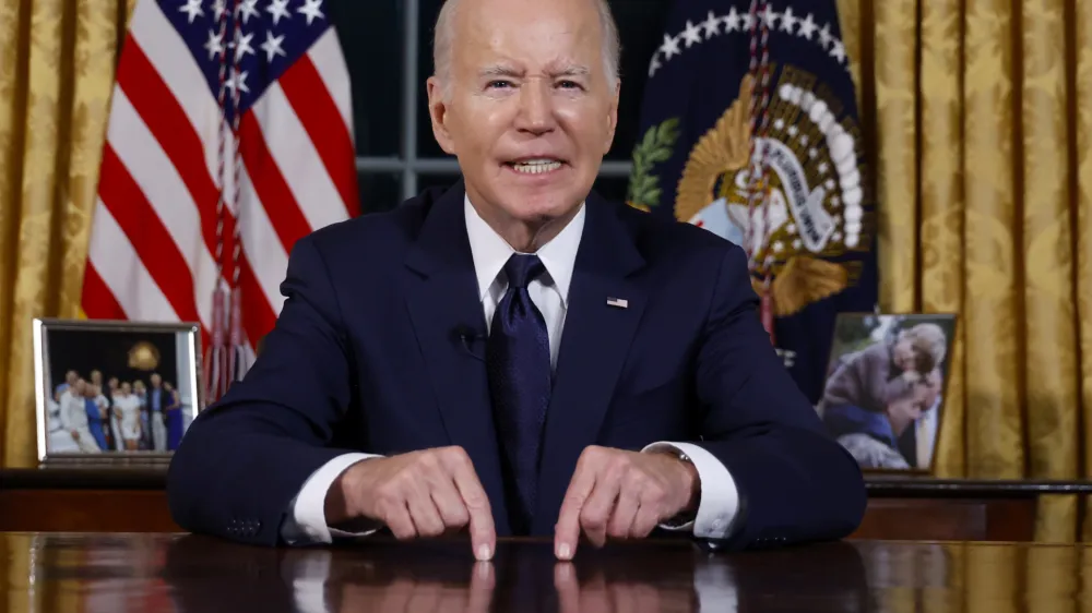 President Joe Biden speaks from the Oval Office of the White House Thursday, Oct. 19, 2023, in Washington, about the war in Israel and Ukraine. (Jonathan Ernst/Pool via AP)