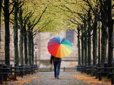 20 October 2023, Lower Saxony, Osnabrück: A man walks with a rainbow-colored umbrella through an avenue of trees bearing autumn leaves. Photo: Friso Gentsch/dpa