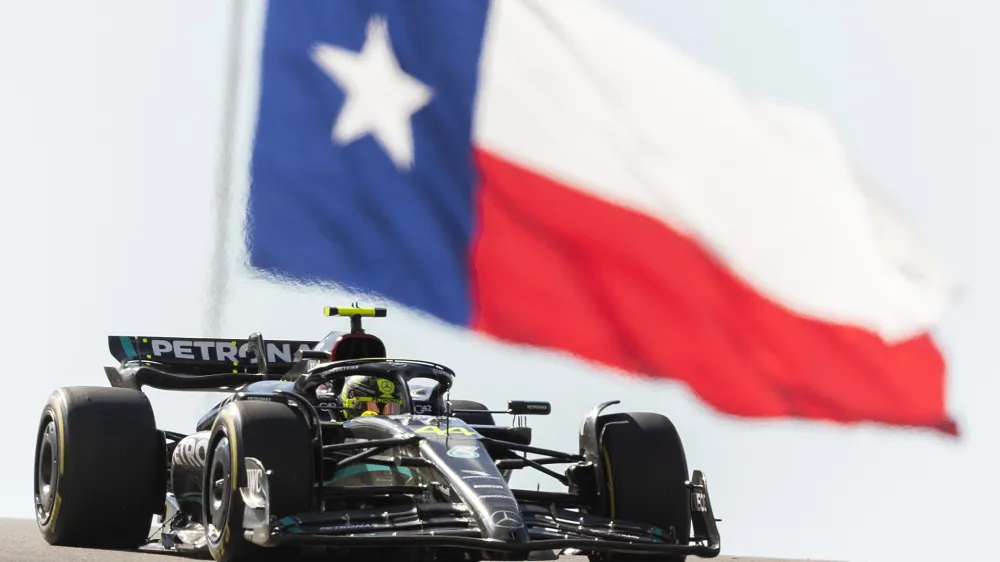 Oct 22, 2023; Austin, Texas, USA; Lewis Hamilton of Mercedes finished 2nd at the Formula 1 United States Grand Prix at Circuit of the Americas. Mandatory Credit: Erich Schlegel-USA TODAY Sports