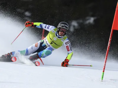 Slovenia's Zan Kranjec speeds down the course during a men's World Cup giant slalom race, in Soldeu, Andorra, Saturday, March 18, 2023. (AP Photo/Alessandro Trovati)