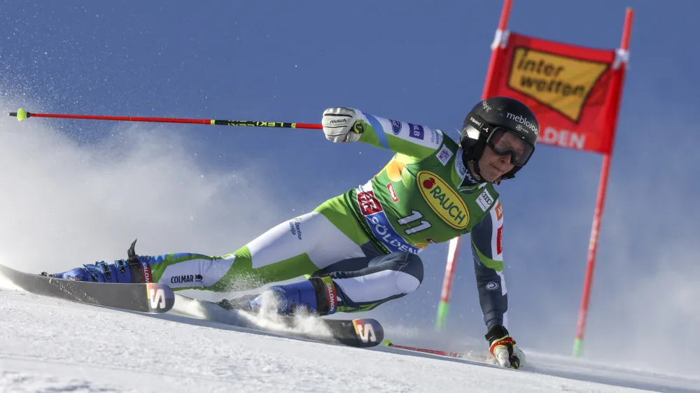 Slovenia's Ana Bucik speeds down the course during the first run of an alpine ski, women's World Cup giant slalom race, in Soelden, Austria, Saturday, Oct. 28, 2023. (AP Photo/Alessandro Trovati)