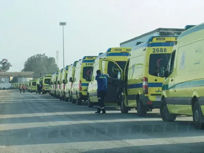 Egyptian ambulances convoy which will carry critically injured people waits to go through the Rafah crossing from the Egyptian side, amid the ongoing conflict between Israel and the Palestinian Islamist group Hamas, in Rafah, Egypt November 1, 2023. REUTERS/Stringer