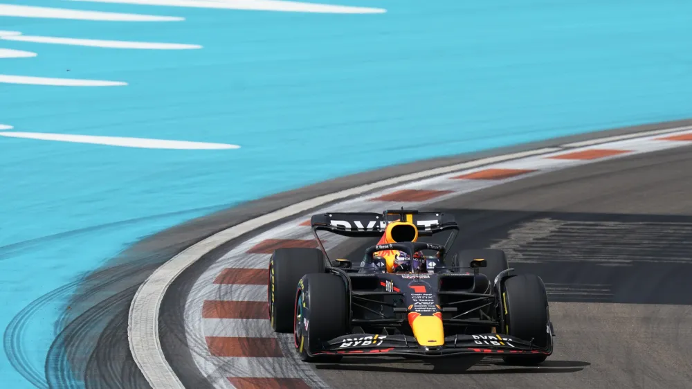 Red Bull driver Max Verstappen of the Netherlands races during the Formula One Miami Grand Prix auto race at the Miami International Autodrome, Sunday, May 8, 2022, in Miami Gardens, Fla. (AP Photo/Lynne Sladky)