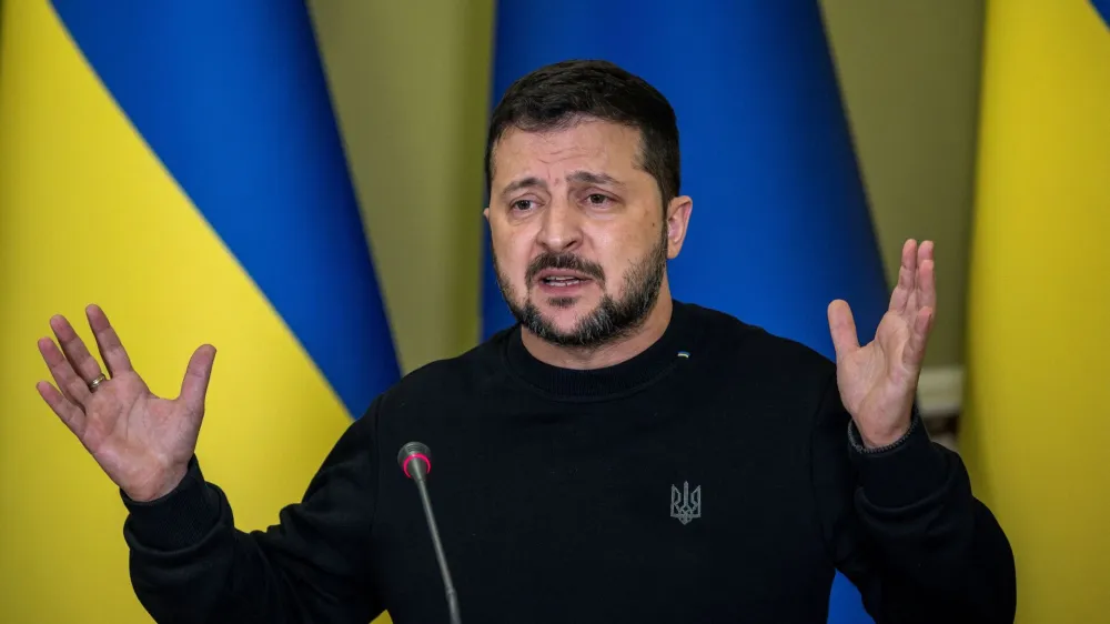 Ukrainian President Volodymyr Zelenskiy attends a joint press conference with European Commission President Ursula von der Leyen (not pictured), amid Russia's attack on Ukraine, in Kyiv, Ukraine November 4, 2023. REUTERS/Thomas Peter