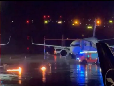 Fire engines arrive at the scene of two small fires at Hamburg Airport in Hamburg, Germany, November 4, 2023, in this screengrab obtained from a social media video. Video obtained by Reuters/via REUTERS THIS IMAGE HAS BEEN SUPPLIED BY A THIRD PARTY. NO RESALES. NO ARCHIVES.