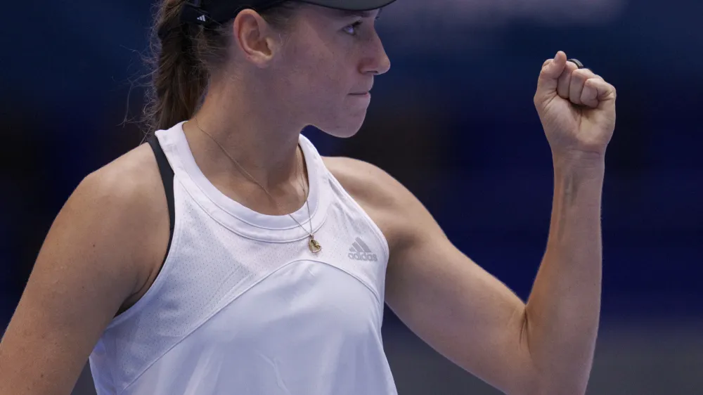 Slovenia's Kaja Juvan celebrates a point against Italy's Martina Trevisan during the semifinal singles tennis match at the Billie Jean King Cup finals at La Cartuja stadium in Seville, southern Spain, Spain, Saturday, Nov. 11, 2023. (AP Photo/Manu Fernandez)