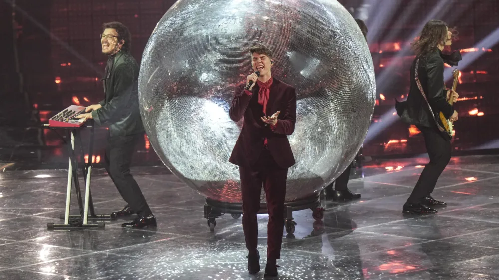 LPS from Slovenia singing Disko performs during the first semi final at the Eurovision Song Contest in Turin, Italy, Tuesday, May 10, 2022. (AP Photo/Luca Bruno)