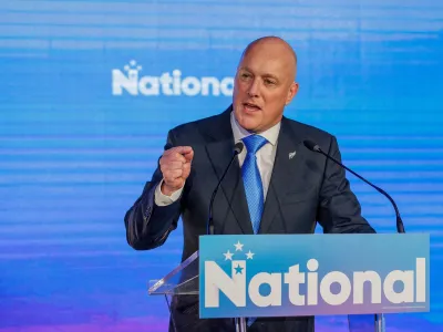 FILE PHOTO: Christopher Luxon, Leader of the National Party speaks to supporters at his election party after winning the general election to become New Zealand's next prime minister in Auckland, New Zealand, October 14, 2023. REUTERS/David Rowland/File Photo