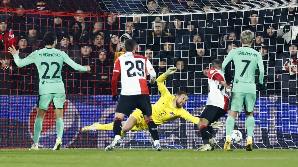 Soccer Football - Champions League - Group E - Feyenoord v Atletico Madrid - De Kuip, Rotterdam, Netherlands - November 28, 2023 Feyenoord's Mats Wieffer (not pictured) scores their first goal REUTERS/Piroschka Van De Wouw