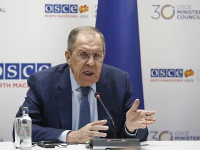 Russia's Foreign Minister Sergey Lavrov talks to the media at his news conference, during the OSCE (Organization for Security and Co-operation in Europe) Ministerial Council meeting, in Skopje, North Macedonia, on Friday, Dec. 1, 2023. (AP Photo/Boris Grdanoski)