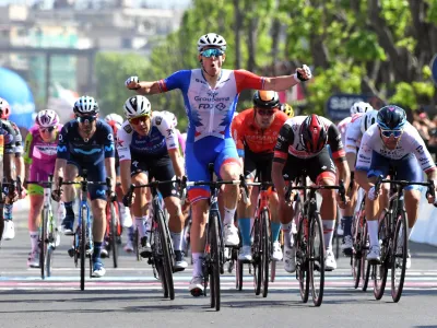 Cycling - Giro d'Italia - Stage 5 - Catania to Messina, Italy - May 11, 2022 Groupama - FDJ's Arnaud Demare celebrates winning stage 5 REUTERS/Jennifer Lorenzini