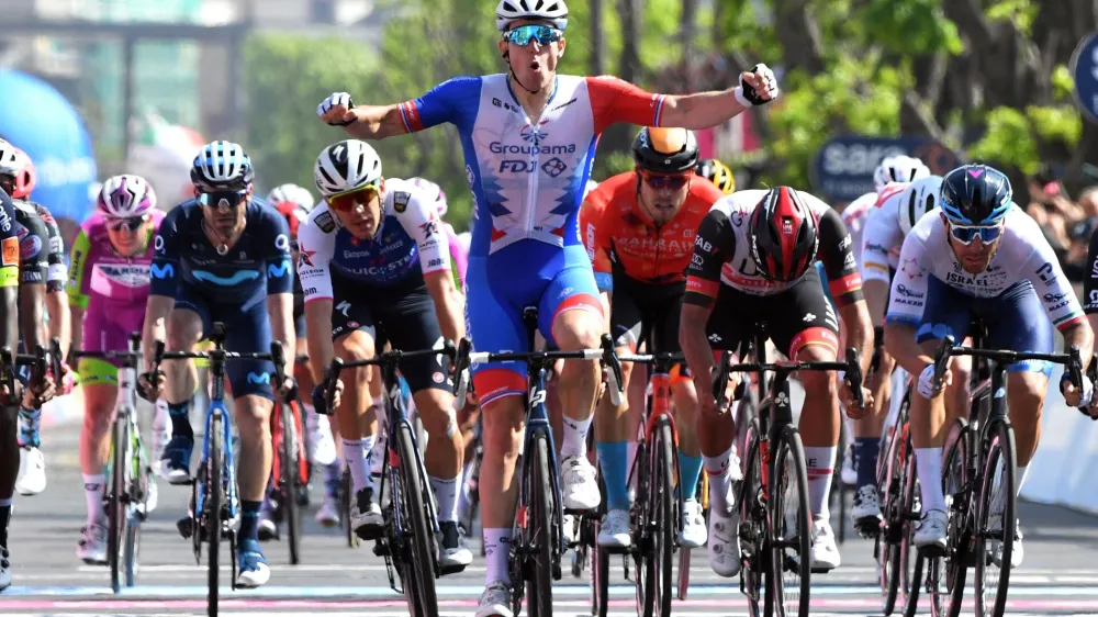 Cycling - Giro d'Italia - Stage 5 - Catania to Messina, Italy - May 11, 2022 Groupama - FDJ's Arnaud Demare celebrates winning stage 5 REUTERS/Jennifer Lorenzini