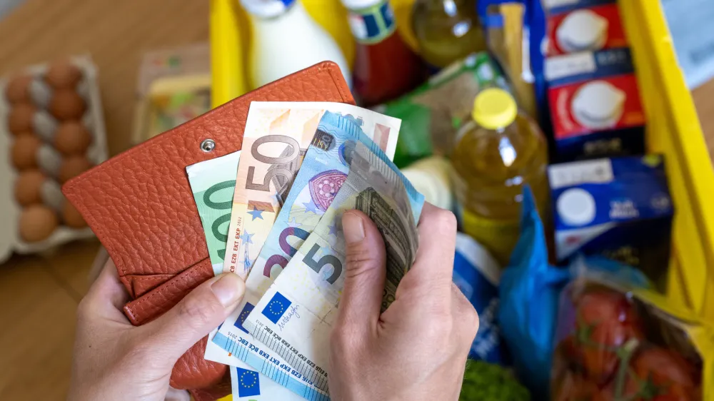 FILED - 02 June 2022, Saxony, Leipzig: A woman counts euro banknotes while a box of groceries placed on a kitchen table. The annual inflation rate in Germany has risen to 6.4% in June, following a decline to 6.1% in May, the Federal Statistical Office announced on Thursday on the basis of provisional figures. Photo: Hendrik Schmidt/Deutsche Presse-Agentur GmbH/dpa