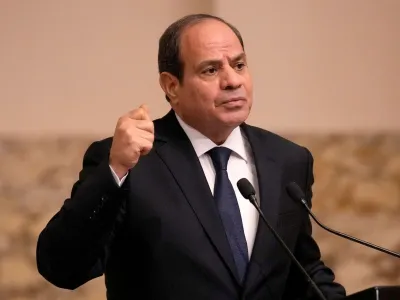 FILE PHOTO: Egyptian President Abdel Fattah el-Sisi gestures during a joint press conference with French President Emmanuel Macron in Cairo, Egypt, Wednesday, Oct. 25, 2023. Christophe Ena/Pool via REUTERS/File Photo