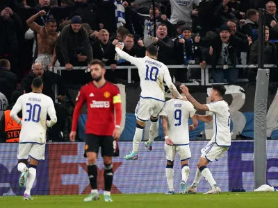 08 November 2023, Denmark, Copenhagen: Copenhagen's Diogo Goncalves (2nd R) celebrates scoring their side's second goal of the game from the penalty spot during the UEFA Champions League Group A soccer match between Copenhagen and Manchester United at the Parken Stadium. Photo: Zac Goodwin/PA Wire/dpa