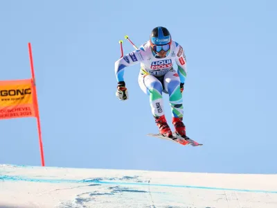 Alpine Skiing - FIS Alpine Ski World Cup - Men's Downhill - Courchevel, France - February 12, 2023 Slovenia's Miha Hrobat in action REUTERS/Denis Balibouse