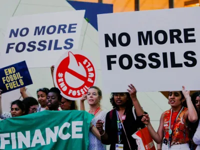 Climate activists protest against fossil fuels at Dubai's Expo City during the United Nations Climate Change Conference COP28 in Dubai, United Arab Emirates, December 12, 2023. REUTERS/Thomas Mukoya