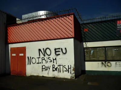 Graffiti reading 'no EU, no Irish, buy British' against the Northern Irish Protocol is seen in a Loyalist area of East Belfast, Northern Ireland, April 26, 2022. Picture taken April 26, 2022. REUTERS/Clodagh Kilcoyne