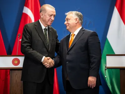 18 December 2023, Hungary, Budapest: Viktor Orban (R), Prime Minister of Hungary, and Recep Tayyip Erdogan, President of Turkey, make a joint statement in the Carmelite Monastery. Orban received Turkish President Erdogan for his one-day visit. Photo: Marton Monus/dpa