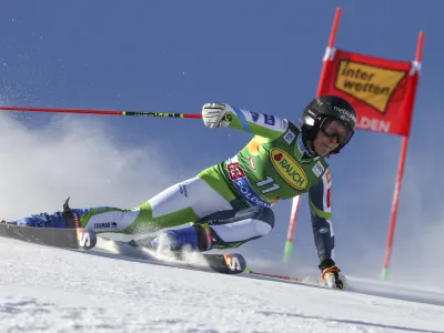 Slovenia's Ana Bucik speeds down the course during the first run of an alpine ski, women's World Cup giant slalom race, in Soelden, Austria, Saturday, Oct. 28, 2023. (AP Photo/Alessandro Trovati)