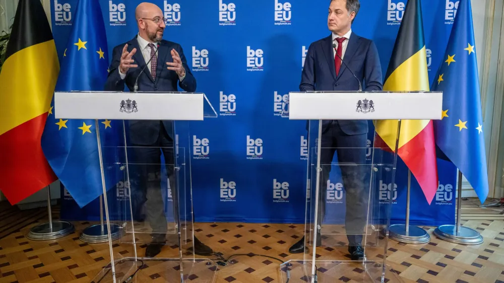 European Council President Belgian Charles Michel and Prime Minister Alexander De Croo are seen during a press conference following a meeting regarding the start of the Belgian presidency of the European Union on 01 January 2024, at the Prime's Minister's office in Brussels, Monday 18 December 2023. BELGA PHOTO JONAS ROOSENS. No Use Belgium.