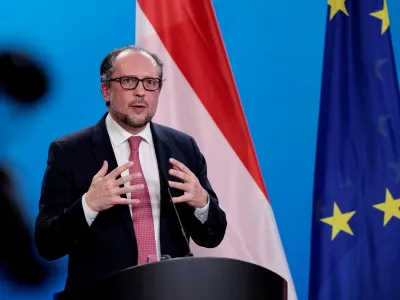 FILE PHOTO: Austrian Foreign Minister Alexander Schallenberg addresses the media prior to a meeting with his German counterpart Annalena Baerbock at the Foreign Ministry in Berlin, Germany, February 16, 2022. Hannibal Hanschke/Pool via REUTERS/File Photo