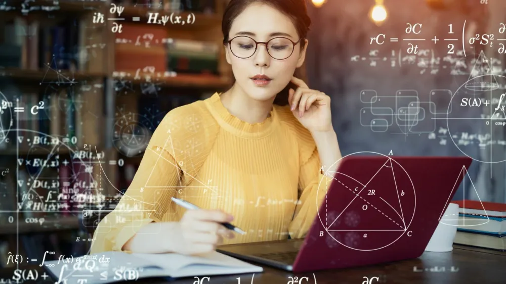 STEAM poklici Young asian woman studying in the room. Education concept. Science technology. Mathematics.