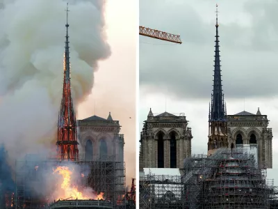 A combination picture shows smoke billowing as fire engulfs the spire of Notre Dame Cathedral in Paris, France, April 15, 2019 (top) and a view of the new spire, surmounted by the rooster and the cross as restoration works continue at the Notre-Dame de Paris Cathedral in Paris, France, March 30, 2024. REUTERS/Benoit Tessier and Gonzalo Fuentes   TPX IMAGES OF THE DAY