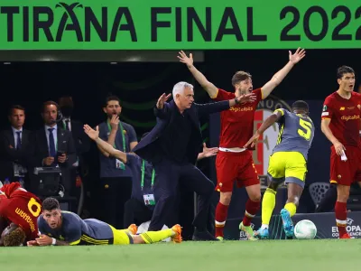 Soccer Football - Europa Conference League - Final - AS Roma v Feyenoord - Arena Kombetare, Tirana, Albania - May 25, 2022 AS Roma coach Jose Mourinho reacts REUTERS/Florion Goga