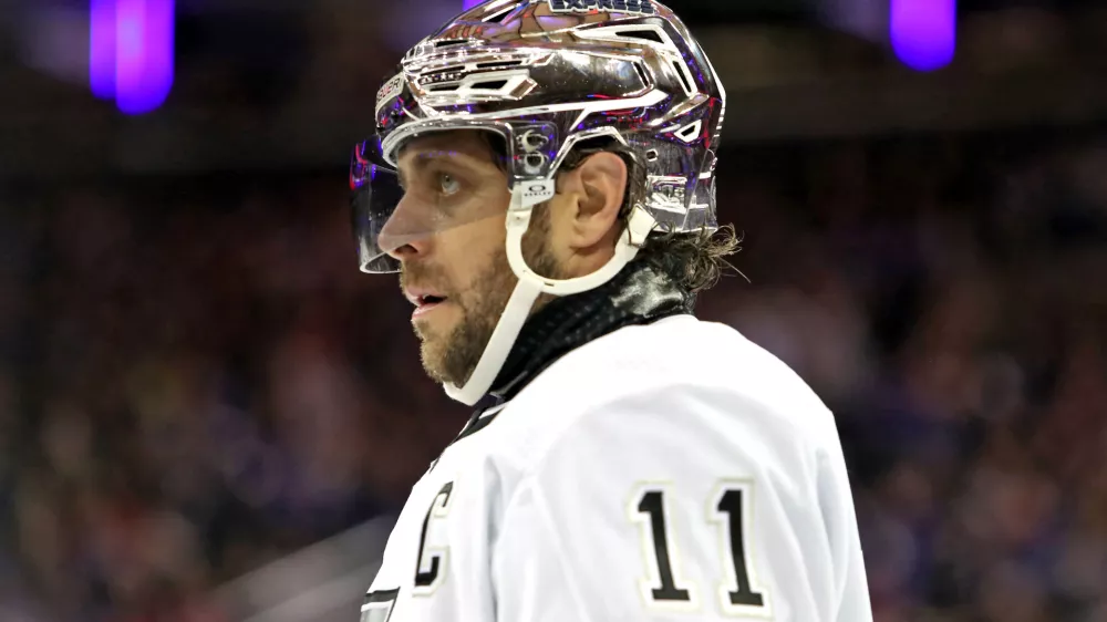 Dec 10, 2023; New York, New York, USA; Los Angeles Kings center Anze Kopitar (11) skates to the bench during the second period against the New York Rangers at Madison Square Garden. Mandatory Credit: Danny Wild-USA TODAY Sports