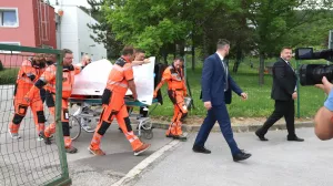 FILED - 15 May 2024, Slovakia, Banska Bystrica: Rescue workers carry the shot and injured Slovakian Prime Minister Robert Fico on a stretcher to hospital. Photo: Jan Kroslák/TASR/dpa