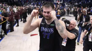 Dallas Mavericks' Luka Doncic celebrates the teams win in Game 6 of an NBA basketball second-round playoff series against the Oklahoma City Thunder Saturday, May 18, 2024, in Dallas. (AP Photo/Tony Gutierrez)