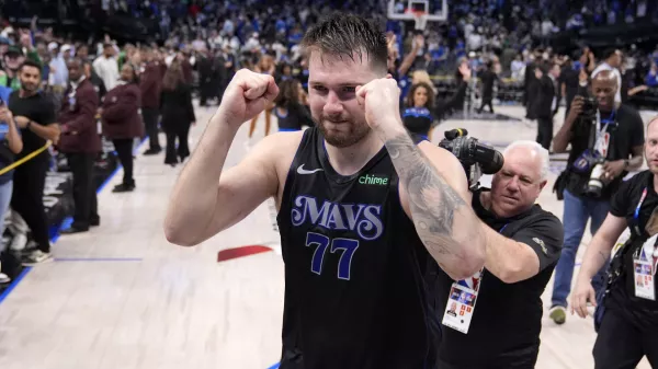 Dallas Mavericks' Luka Doncic celebrates the teams win in Game 6 of an NBA basketball second-round playoff series against the Oklahoma City Thunder Saturday, May 18, 2024, in Dallas. (AP Photo/Tony Gutierrez)