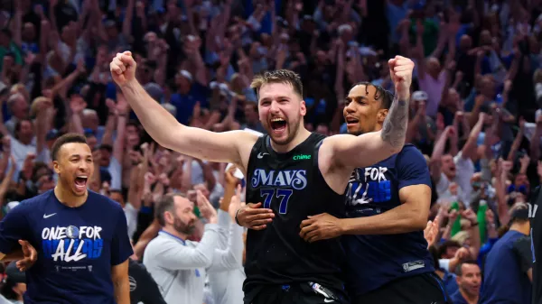 May 18, 2024; Dallas, Texas, USA; Dallas Mavericks guard Luka Doncic (77) celebrates with teammates after the game against the Oklahoma City Thunder in game six of the second round of the 2024 NBA playoffs at American Airlines Center. Mandatory Credit: Kevin Jairaj-USA TODAY Sports