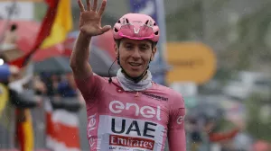 Cycling - Giro d'Italia - Stage 16 - Livigno to Santa Cristina Val Gardena/St. Christina in Groden - Italy - May 21, 2024 UAE Team Emirates' Tadej Pogacar celebrates after crossing the finish line to win stage 16 REUTERS/Ciro De Luca