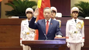 To Lam swears in the position after he was elected as the president at the National Assembly in Hanoi, Vietnam on Wednesday May 22, 2024. (Pham Trung Kien/VNA via AP)