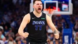 May 18, 2024; Dallas, Texas, USA; Dallas Mavericks guard Luka Doncic (77) reacts against the Oklahoma City Thunder during the second half in game six of the second round of the 2024 NBA playoffs at American Airlines Center. Mandatory Credit: Kevin Jairaj-USA TODAY Sports