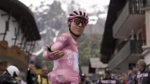 Slovenia's Tadej Pogacar turns around at the start of the 17th stage of the Giro d'Italia from Selva di Val Gardena to Passo Brocon, Italy, Wednesday, May 22, 2024. (Marco Alpozzi/LaPresse via AP)