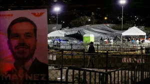 A poster of presidential candidate of the Citizen's Movement Party Jorge Alvarez Maynez is pictured at the site after a gust of wind caused a structure to collapse, resulting in multiple fatalities and injuries, at a campaign event for the Citizens' Movement party, in San Pedro Garza Garcia, Nuevo Leon, Mexico May 22, 2024. REUTERS/Daniel Becerril  REFILE - QUALITY REPEAT   TPX IMAGES OF THE DAY