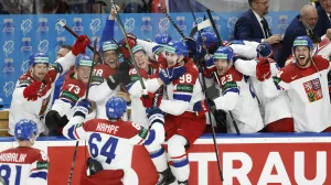 Ice Hockey - IIHF World Championships - Final - Switzerland v Czech Republic - Prague Arena, Prague, Czech Republic - May 26, 2024 Czech Republic's David Kampf celebrates scoring their second goal with teammates REUTERS/David W Cerny