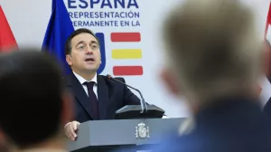 Spain's Foreign Minister Jose Manuel Albares Bueno addresses a media conference prior to talks on the Middle East in Brussels, Monday, May 27, 2024. (AP Photo/Geert Vanden Wijngaert)