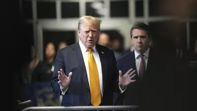 Former President Donald Trump, with his attorney Todd Blanche at his side, speaks to the media as the jury deliberates in this trial at Manhattan Criminal Court, Wednesday, May 29, 2024, in New York. (Curtis Means /Pool Photo via AP)