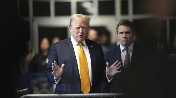 Former President Donald Trump, with his attorney Todd Blanche at his side, speaks to the media as the jury deliberates in this trial at Manhattan Criminal Court, Wednesday, May 29, 2024, in New York. (Curtis Means /Pool Photo via AP)