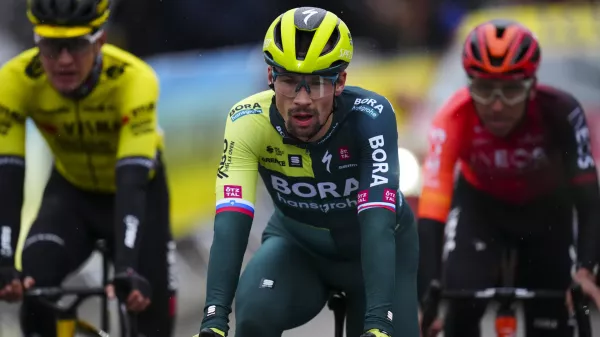 Slovenia's Primoz Roglic crosses the finish line during the sixth stage of the Paris-Nice cycling race in La Colle-sur-Loup, outside Nice, Friday, March 8, 2024. (AP Photo/Daniel Cole)