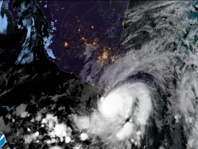 This satellite image made available by NOAA shows Hurricane Agatha off the Pacific coast of Oaxaca state, Mexico on Monday, May 30, 2022, at 8:30 a.m. EDT. (NOAA via AP)